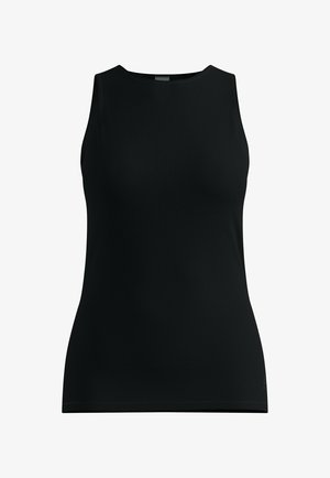 Débardeur noir côtelé sans manches avec un col rond, coupe ajustée et texture subtile, présenté sur un fond blanc.