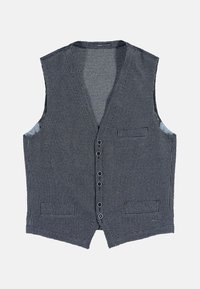 Mörkblå väst med houndstooth-mönster, utan ärmar och med v-ringad hals. Har fem knappar och två framfickor. Texturerad tyg.