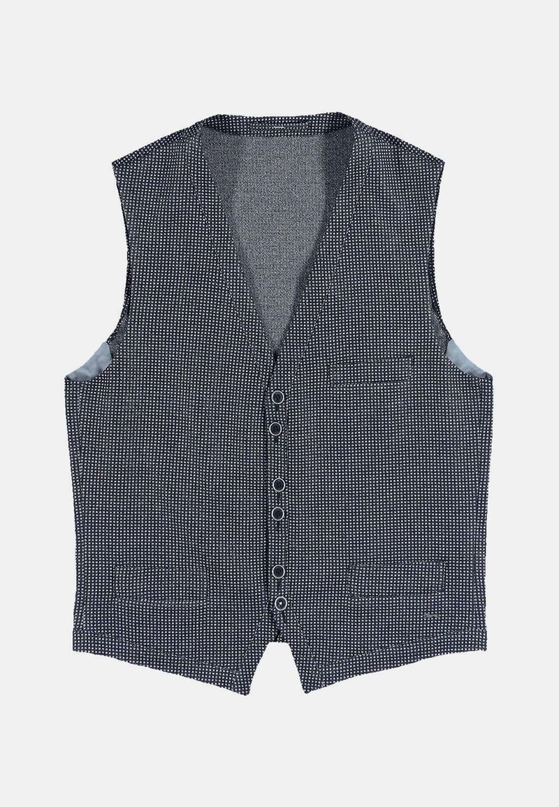 Mörkblå väst med houndstooth-mönster, utan ärmar och med v-ringad hals. Har fem knappar och två framfickor. Texturerad tyg.