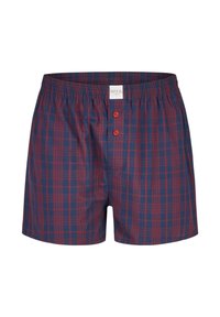 Boxers à carreaux bleu marine et rouge, en coton doux, dotés d'une taille élastique et d'une fermeture à deux boutons à l'avant.