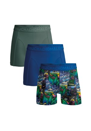 Drie paar herenboxershorts: donkergroen, effen blauw en zwart met een kleurrijke monsterprint. Elk heeft een tailleband met logo.
