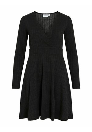 Schwarzes langärmeliges Kleid mit V-Ausschnitt und taillierter Taille. Verfügt über eine gerippte Textur und einen ausgestellten Rock. Hergestellt aus leichtem Material.