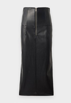 Black leather midi skirt with a high waist, featuring a front zipper and stitched detailing. Smooth texture and sleek silhouette.