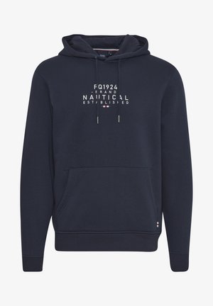 Mornarska kapuca s sprednjim kenguru žepom, vezicami in belim napisom "FQ1924 NAUTICAL ESTABLISHED" na prsih. Mehka tkanina.