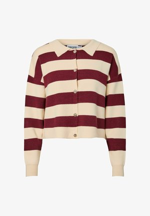 Randig kofta i vinrött och krämvitt, med krage, knäppning framtill och ribbade ärmslut.
