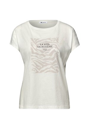 White short-sleeve t-shirt with beige zebra pattern and black text "LA VITA DA BOHÈME Italy" on the front, round neckline.
