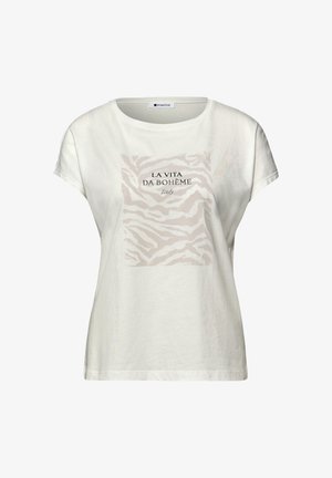 Witte T-shirt met korte mouwen, beige zebra patroon en zwarte tekst "LA VITA DA BOHÈME Italy" aan de voorkant, ronde halslijn.