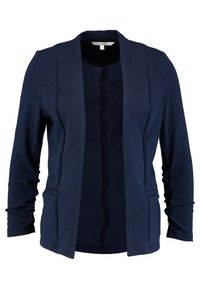 Granatowa marynarka z teksturowanej tkaniny, z otwartym frontem, długimi rękawami oraz bocznymi kieszeniami dla dodatkowej funkcjonalności.