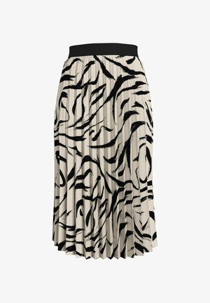 Pleated skirt in beige fabric featuring a black abstract zebra print, finished with a black waistband. Textured design with vertical lines.