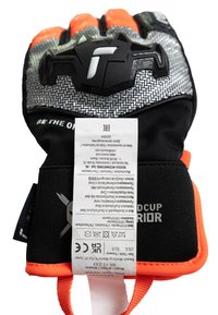 Black and orange sports glove with textured grip, padded fingers, and a reflective patterned upper. Includes care label and branding details.