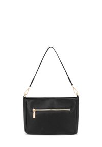 Borsa a mano in pelle nera con finitura texturizzata, dotata di una tasca frontale con zip dorata e di una tracolla corta.