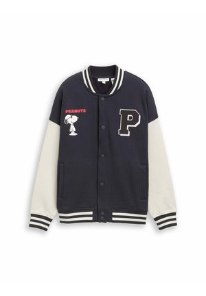 Black and white varsity jacket with striped cuffs, button front, "PEANUTS" text, Snoopy graphic, and a large letter P on the chest.