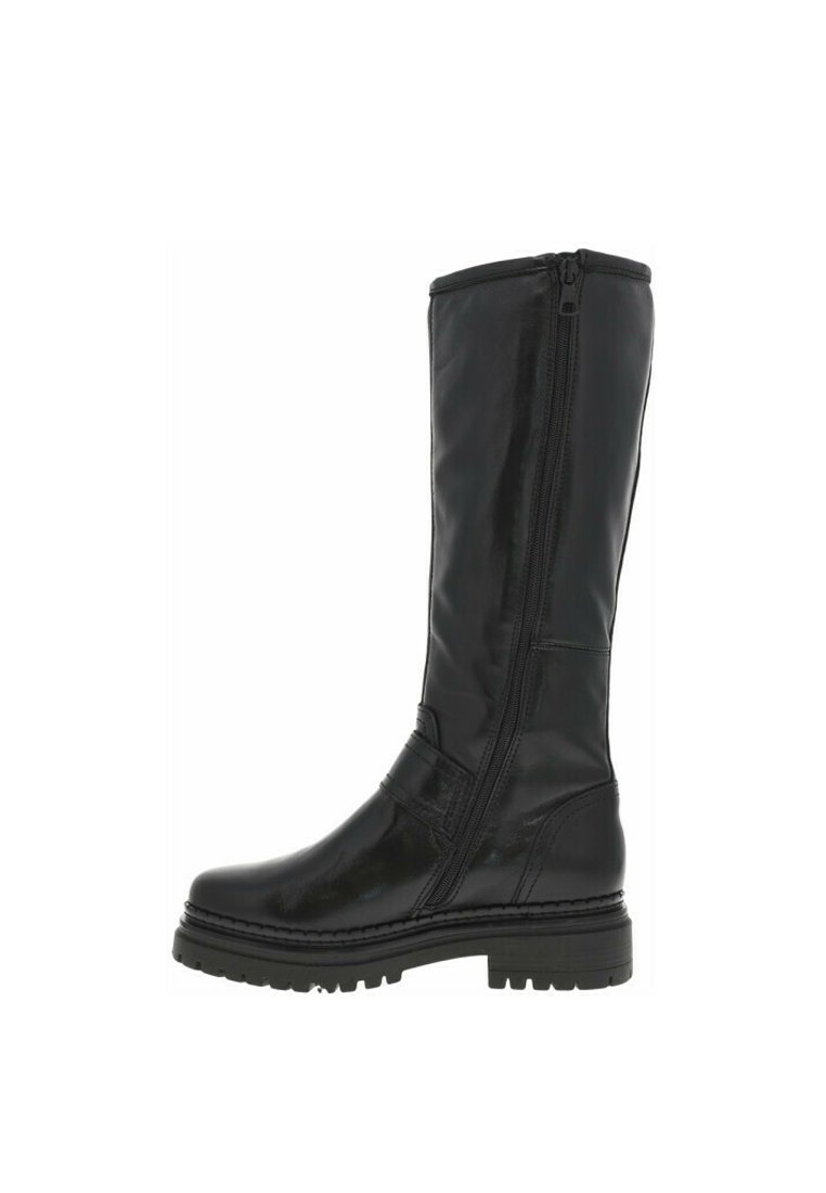 Botte noire en cuir montante avec une fermeture éclair sur le côté, semelle robuste à crampons, design épuré et détails minimaux pour une durabilité et un confort optimal.