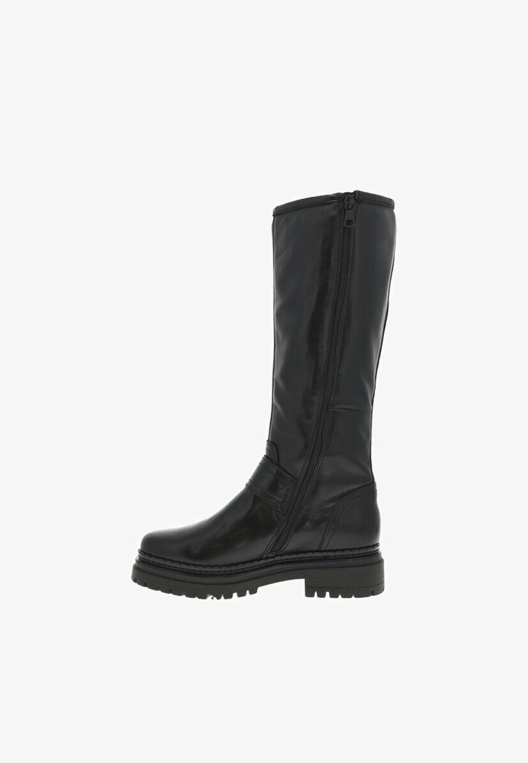 Botte noire en cuir montante avec une fermeture éclair sur le côté, semelle robuste à crampons, design épuré et détails minimaux pour une durabilité et un confort optimal.