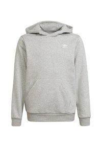 Sudadera gris de algodón con un bolsillo delantero, puños y dobladillo de canalé, presenta un pequeño logotipo blanco en la parte superior izquierda del pecho.