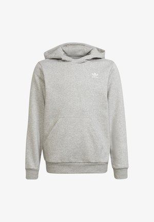 Grauer Hoodie aus Baumwolle mit einer Vordertasche, gerippten Bündchen und Saum, verfügt über ein kleines weißes Logo auf der oberen linken Brust.