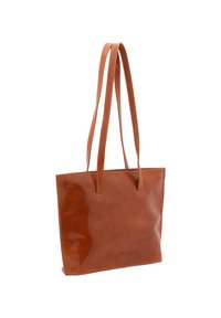 Bruine leren totebag met een glanzende afwerking, rechthoekige vorm, twee slanke handvatten en contrasterende stiksels langs de randen.