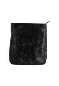 Borsa a tracolla nera in pelle con superficie testurizzata, forma rettangolare e chiusura superiore con zip. Presenta un logo in rilievo discreto sulla parte anteriore.