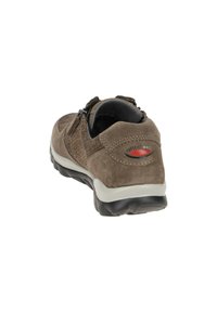 Brown suede shoe with textured design, zip closure, padded collar, and a flexible black rubber sole. Features a logo on the heel.