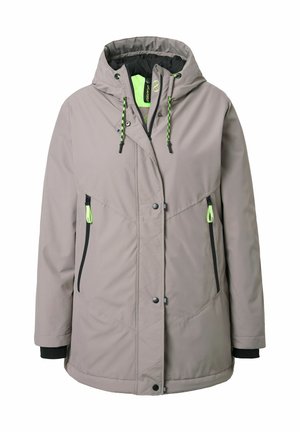 Veste d'hiver légère taupe avec capuche, tirettes de fermeture éclair vert fluo, cordons de serrage et poignets intérieurs noirs, fermeture éclair frontale et boutons à pression.