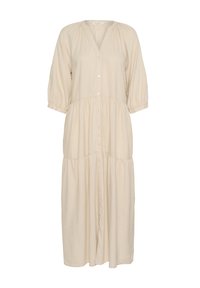 Robe beige boutonnée en tissu léger. Elle présente un col rond, des manches bouffantes et un design à jupe à volants.