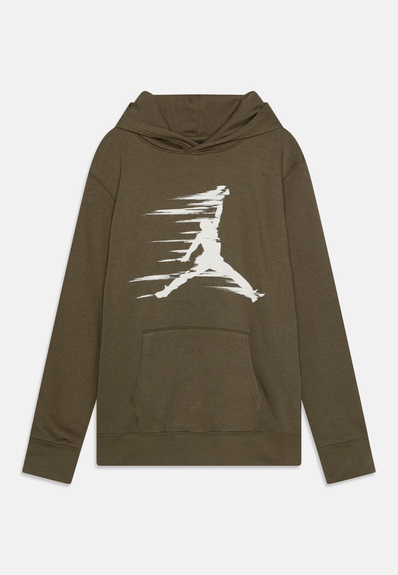 Olive green hoodie with a front kangaroo pocket, hood, and white graphic of a leaping figure across the chest. Soft, textured fabric.