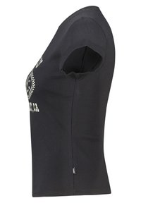 Black ribbed t-shirt with short sleeves and a crew neckline, featuring a graphic design in light color on the front.