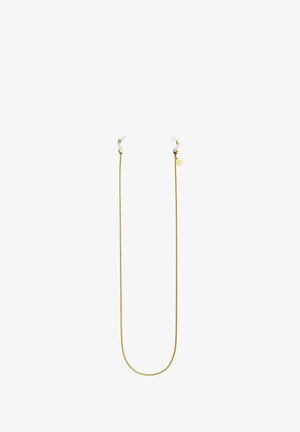 Goldkette mit schlankem Design, abgerundeten Enden und einem kleinen Anhänger. Glatte Metalloberfläche mit glänzendem Finish.