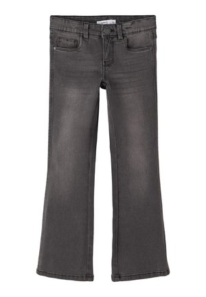 Jean en denim gris foncé avec légère décoloration, fermeture par boutons à l'avant, cinq poches et jambes légèrement évasées.
