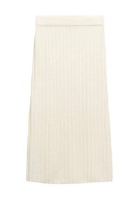 Jupe midi beige en tricot avec texture côtelée verticale, taille élastique et coupe droite. Pas de coutures ni de motifs visibles.