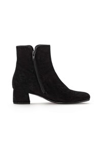 Black suede ankle boot with side zipper and low block heel on a white background.