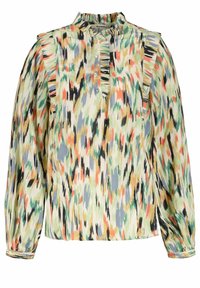Blusa multicolore con colletto arruffato, maniche lunghe e chiusura con bottoni. Presenta un motivo astratto in verde, arancione e nero.