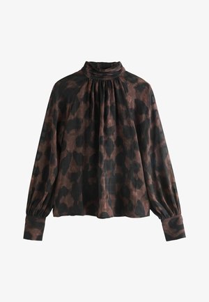 Bruine en zwarte luipaardprint blouse met een hoge kraag, een geraffineerde voorkant en lange mouwen met aangesloten manchetten. Gemaakt van lichtgewicht stof.
