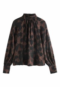 Brun og sort leopardprint bluse med høj krave, samlet front og lange ærmer med tætsiddende manchetter. Lavet af letvægtsstof.