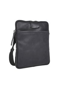 Schwarze Lederhandtasche mit glatter Textur, Reißverschluss, verstellbarem Tragegurt, Vordertasche und geprägt Logo-Detail an der Seite.
