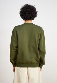 Felpa verde oliva realizzata in tessuto morbido, con collo a giro e polsini e orlo a costine; indossata con pantaloni chiari.