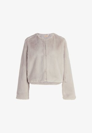 Helle graue Kunstfelljacke mit rundem Ausschnitt, verkürztem Design, langen Ärmeln und ohne Verschlüsse. Weiche Textur mit minimalen Nähten.