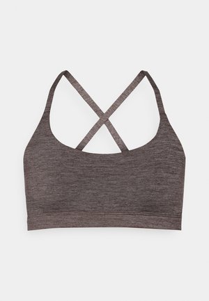 Brassière de sport grise à motif avec un col rond, de larges bretelles et un dos croisé. Confectionnée dans un matériau lisse et extensible.