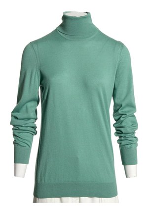 Jersey de cuello alto verde menta de manga larga en un maniquí sin cabeza con mangas ligeramente fruncidas y puños y dobladillo acanalados.