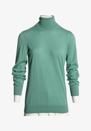 Jersey de cuello alto verde menta de manga larga en un maniquí sin cabeza con mangas ligeramente fruncidas y puños y dobladillo acanalados.