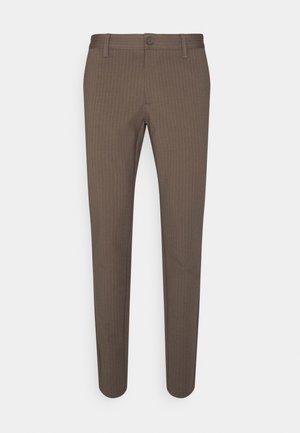 Brown, fitted trousers featuring a subtle pinstripe pattern, belt loops, a single button closure, and a smooth, textured fabric finish.