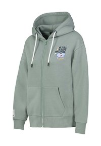 Lichtgroene zip-up hoodie van een katoenmix, met een wolkgraphic en de tekst "WE ARE HAPPY TOGETHER." Inclusief hoodie met trekkoord en frontzakken.