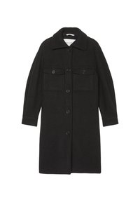 Cappotto di lana nera con colletto, due tasche anteriori e chiusura con bottoni. Il materiale ha una finitura strutturata.