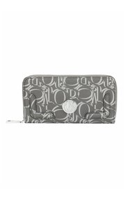 Portefeuille gris avec motif de logo embossé, quincaillerie argentée et fermeture éclair. Présente une texture lisse avec un éclat subtil.