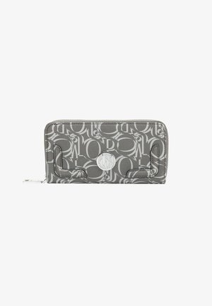 Portefeuille gris avec motif de logo embossé, quincaillerie argentée et fermeture éclair. Présente une texture lisse avec un éclat subtil.