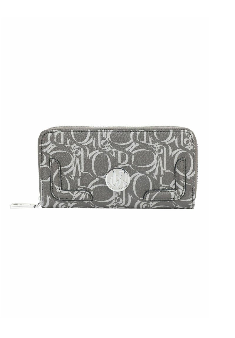 Portefeuille gris avec motif de logo embossé, quincaillerie argentée et fermeture éclair. Présente une texture lisse avec un éclat subtil.