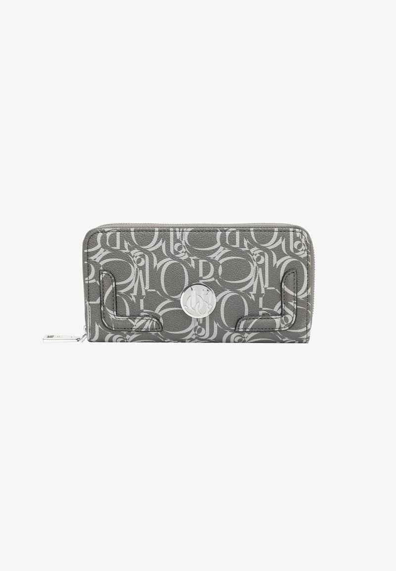 Portefeuille gris avec motif de logo embossé, quincaillerie argentée et fermeture éclair. Présente une texture lisse avec un éclat subtil.