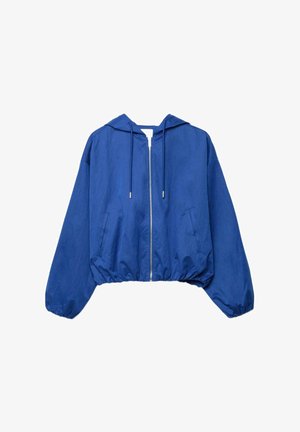 Niebieska bluza z kapturem na zamek błyskawiczny, ze ściągaczami, długimi elastycznymi rękawami, dwoma przednimi kieszeniami oraz ściągaczem u dołu.