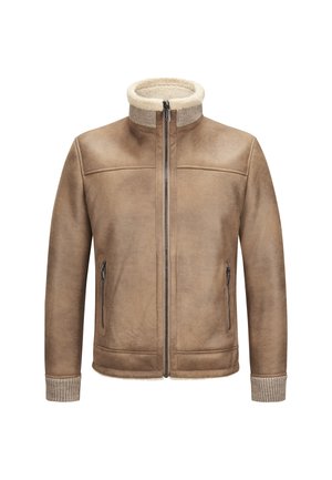 Brown suede jacket with front zipper, two zippered side pockets, ribbed cuffs, and a fleece-lined stand collar.