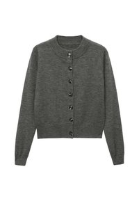 Grijze gebreide cardigan met een ronde halslijn, lange mouwen en een rij zwarte knopen aan de voorkant. Zachte textuur, cropped fit.
